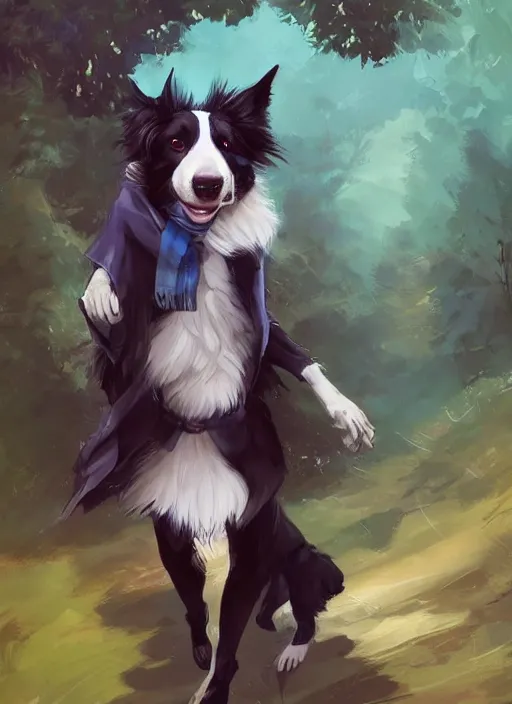 Prompt: beautiful wide angle full body portrait of a cute male anthropomorphic anthro border collie fursona wearing indigo clothes in a park, character design by charlie bowater, henry asencio, and ross tran, scenic background, detailed, glamor pose, aesthetic, trending on artstation, furaffinity, deviantart