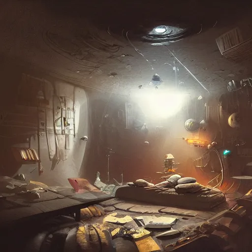 Image similar to detailed room in the sewer lair The room is a clutter if clothes and a bunkbed with space posters everywhere,soft,light,bright,epic,awesome,digital art, by Simon baek and Greg rutkowski