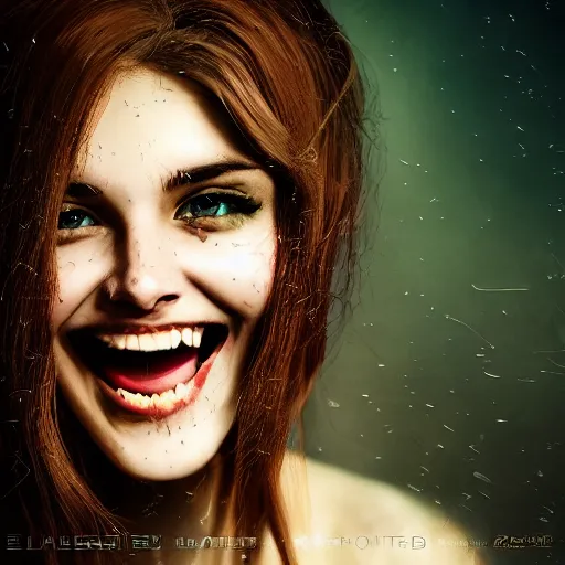 Image similar to cinematic shot of a vampire young woman smiling, epic portrait, hyper realistic, detailed face, seduction, pretty, hyper detailed, super realistic, perfect lighting pixel sorting, style sheet