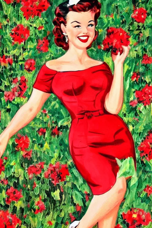 Image similar to a portrait of a beautifull woman, wearing a red dress,with a beautifull smile,a garden background.in american style pin up.anatomically correct