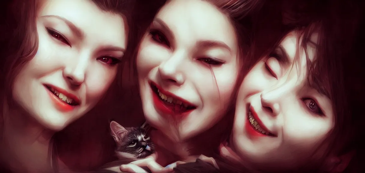 Image similar to portrait of a stylish vampire woman in her loft smiling at her cat, by yoshitaka amano, casey baugh, and artgerm rendered with 3 d effect.