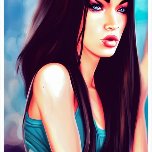 Prompt: megan fox portrait, anime art, cartoon face, character art, digital illustration, big eyes, semirealism