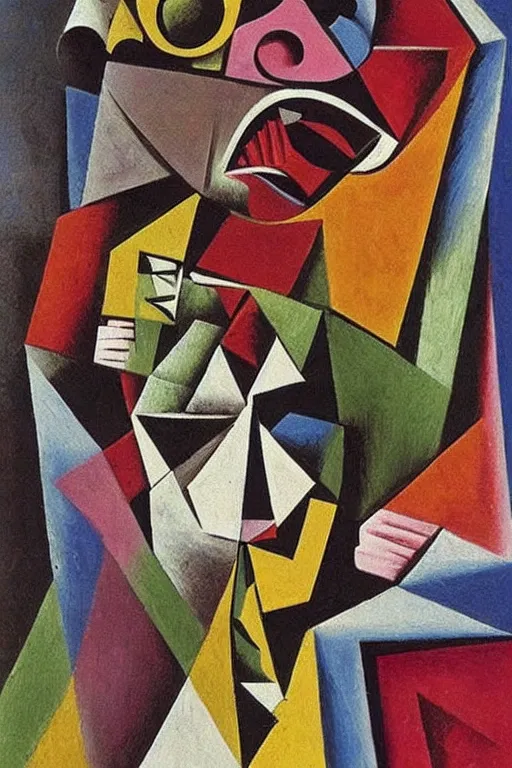 Prompt: twisting faces full of pain pleasure fear love joy and agony, crystal cubism, by pablo picasso