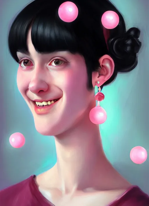 Image similar to portrait of high school girl, realistic, black hair, bangs, half updo hairstyle, pointy nose, skinny, smile, ugly, defined jawline, big chin, pink hair bow, earrings, intricate, elegant, glowing lights, highly detailed, digital painting, artstation, sharp focus, illustration, art by wlop, mars ravelo and greg rutkowski