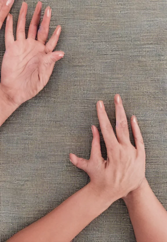 Image similar to a photo of one ultra detailed photorealistic woman's hand with palm up, back of hand on the table, palm pattern visible, instagram photo, studio photo, 9 0 mm, f / 1. 4