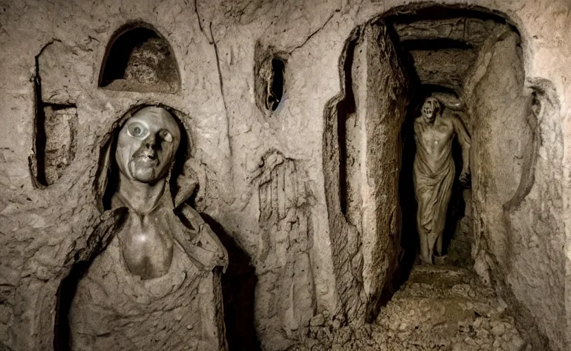 Prompt: several decrepit creepy statues of the archangel gabriel smirking at the camera, placed throughout a dark claustrophobic old catacomb, realistic, underexposed photography, bad camera footage, wide shot, sinister, dark, foreboding, grainy photo