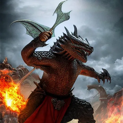 Prompt: epic dragon warrior. photo realistic. great detail. neo medieval fantasy.