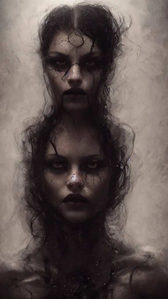 Image similar to Face of a beautiful woman with very black hair, intimidating woman, large black eyes, high forehead, smooth pale skin, ethereal skin, ominous, eldritch. oil painting by nuri iyem, james gurney, james jean, greg rutkowski, highly detailed, soft lighting, chiaroscuro