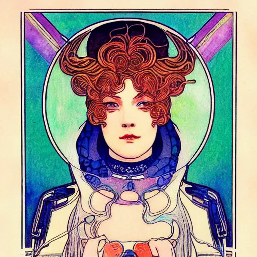 Prompt: hydrogen. beautiful, realistic symmetrical portrait painting by mucha and malevich and bilibin. synthwave watercolor, thick linings, manga