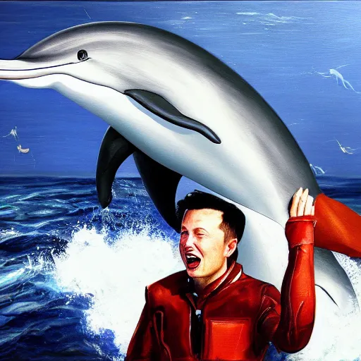 Prompt: elon musk riding a dolphin to win against rome, oil painting