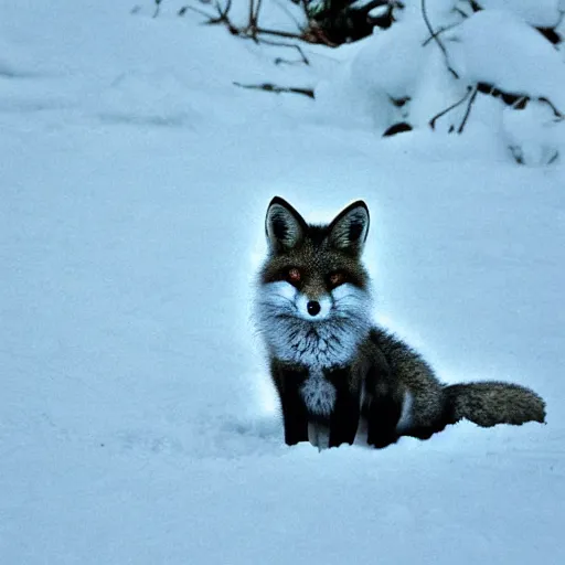 Prompt: “ fox in the snow, where do you go to find something you can eat? cause the word out on the street is you are starving. don't let yourself grow hungry now. don't let yourself grow cold, fox in the snow. ”