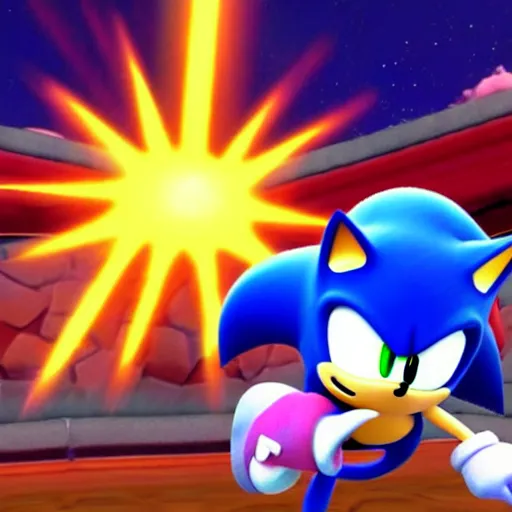 Image similar to Sonic fighting Kirby in super smash bros