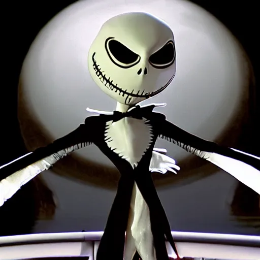 Image similar to Jack Skellington from Tim Burtons Nightmare Before Christmas on the bridge of the USS Enterprise