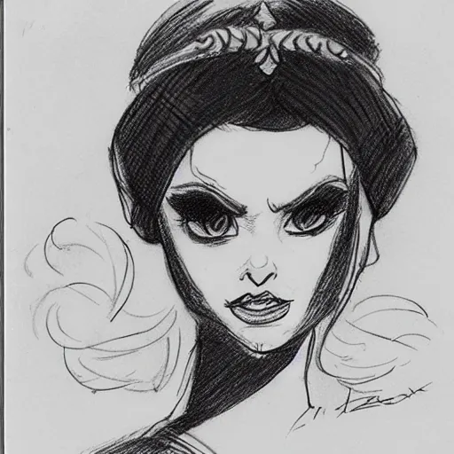 Image similar to milt kahl sketch of princess padme from star wars episode 3 with hair tendrils