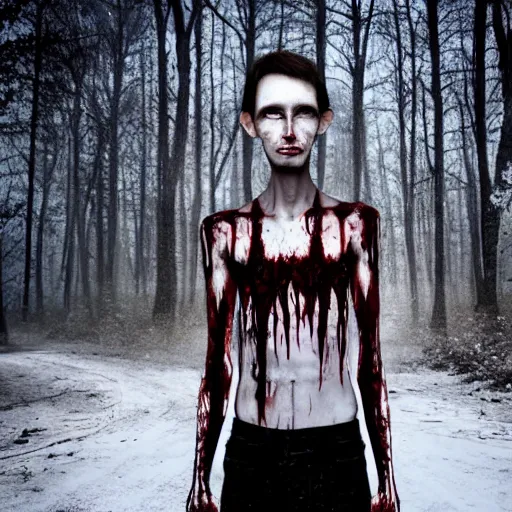 Prompt: blood soaked skinwalker, lanky, skinny, pale skin, snow, forest, dark, horrifying