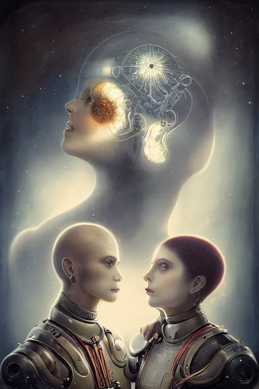 Image similar to a beautiful ultradetailed vintage photo of two cyborgs facing away from each other, by tom bagshaw and anna dittman, couples portrait, vignette, 35mm lens, golden ratio composition, detailed faces, studio photography, very detailed, humanoids, industrial robots, artstation, 8k, highly coherent