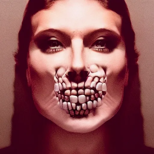 Prompt: portrait photo of a woman with a 3D skull instead of a head, cinematic, photography by Helmut Newton, 4K