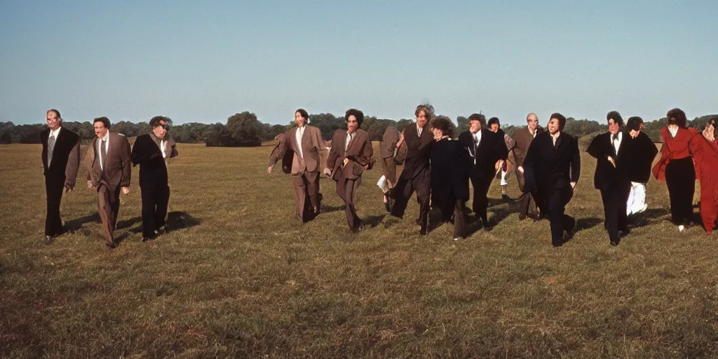 Image similar to the main cast of seinfeld in the distance in a wide open field, photograph by andrei tarkovsky