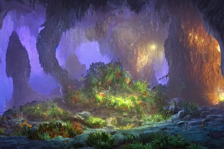 Prompt: Fantastical cave with bioluminescent vegetation by Eywind Earle, trending on artstation