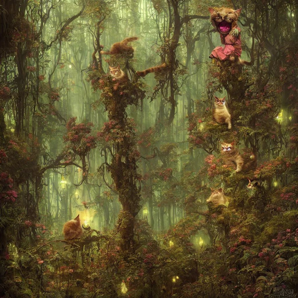 Prompt: a grinning trippy cat, center focused, matte painting, lush fairy forest, neon, concept art, schematics, gnarly details painted by tom bagshaw, norman rockwell, mucha, james gurney, high detail, denoised, sharp, architectural