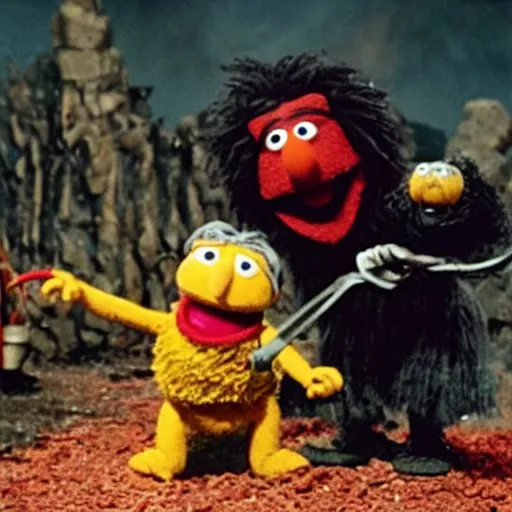 Image similar to “film still of Bert from Sesame Street throwing the one ring into the fires of Mount Doom”