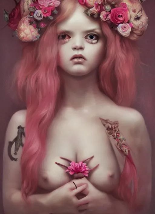 Image similar to pop surrealism, lowbrow art, realistic seductive cute woman painting, pink body harness, long hair, japanese shibari with flowers, hyper realism, muted colours, rococo, natalie shau, loreta lux, tom bagshaw, mark ryden, trevor brown style,