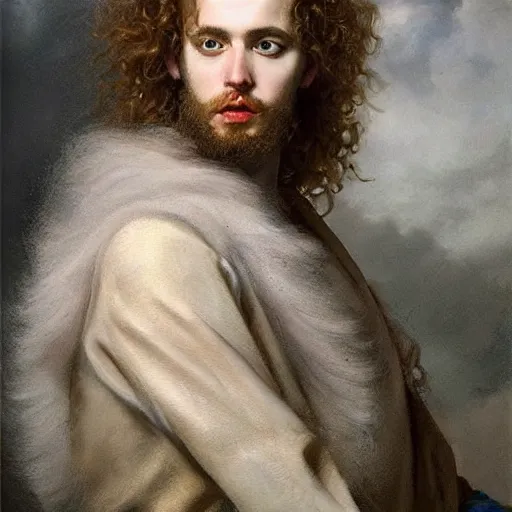 Image similar to a striking hyper real painting of Lucius the pretty pale androgynous prince with long fluffy curly blond hair by Jan Matejko