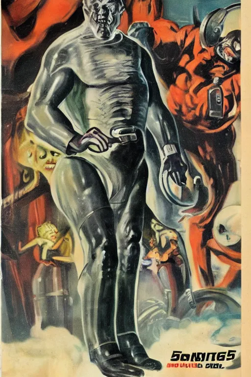 Image similar to 5 0 s pulp scifi fantasy illustration full body portrait monster wrecking laboratory, by earle bergey, edd cartier, howard v brown, frank r paul, astounding stories, amazing, fantasy, other worlds