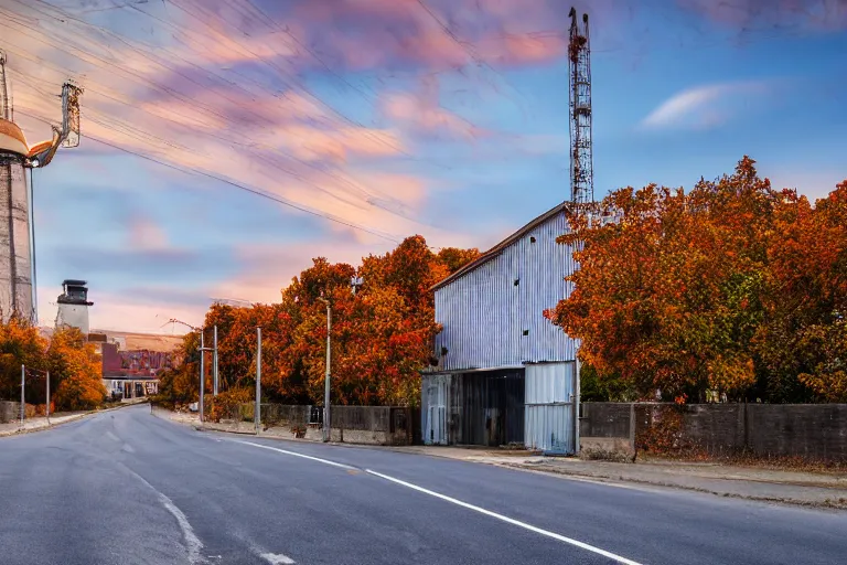 Image similar to warehouses on either side of a street, with an autumn hill directly behind, radio tower. Lens compression, photography, highly detailed