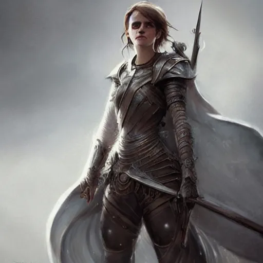 Image similar to full body drawing of emma watson wearing a knight armor, beautiful piercing eyes, hyper realistic face, in the style of greg rutkowski, fantasy, amazing detail, epic, elegant, smooth