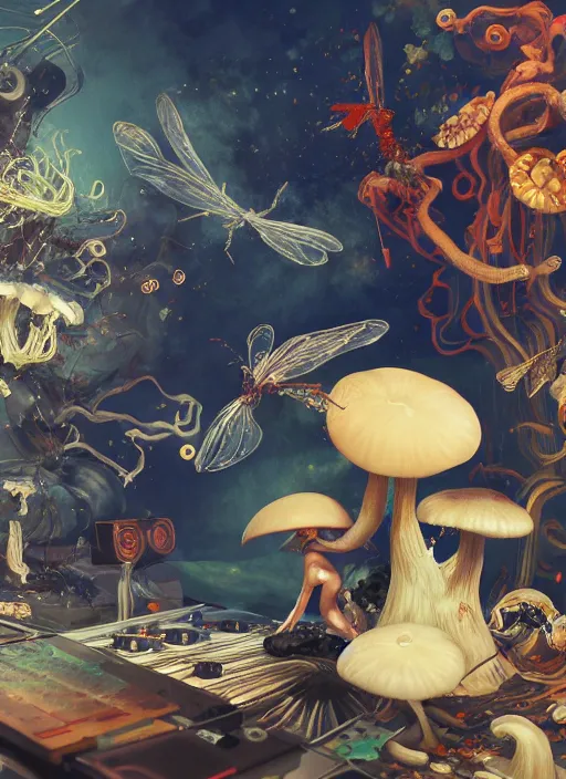 Image similar to surreal gouache painting, by yoshitaka amano, by ruan jia, by Conrad roset, by good smile company, detailed anime 3d render of a wild mushroom Surrounded by a magical dragonfly and a big DJ Mixer, deck, portrait, cgsociety, artstation, rococo mechanical and Digital and electronic, dieselpunk atmosphere