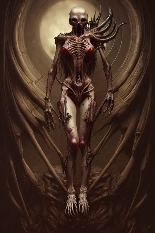 Image similar to ultra realistic, human alien predator vampire hybrid, gothic, fantasy, flesh, bone, body horror, intricate details, eerie, highly detailed, octane render, 8 k, art by artgerm and alphonse mucha and greg rutkowski