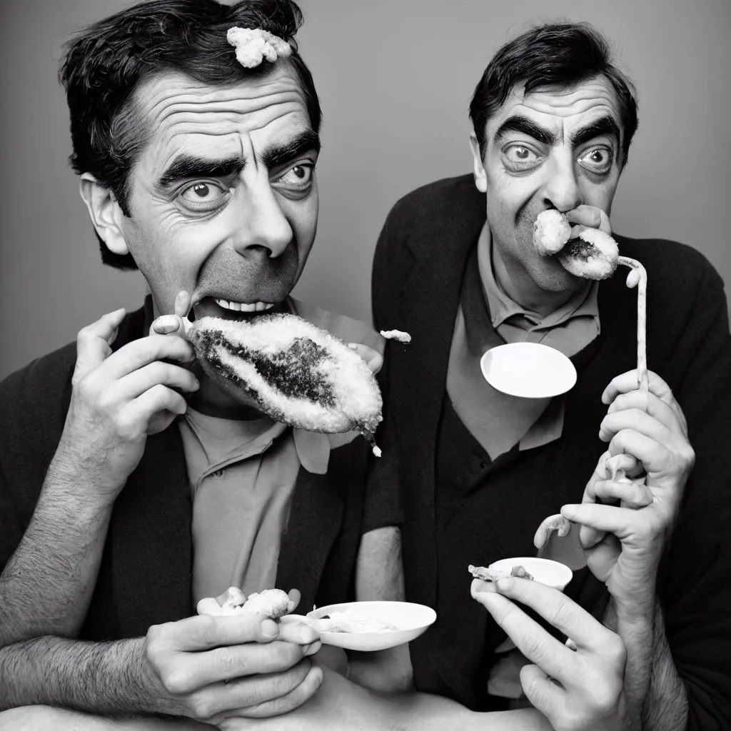 Prompt: An Alec Soth portrait photo of Mr. Bean eating a corndog