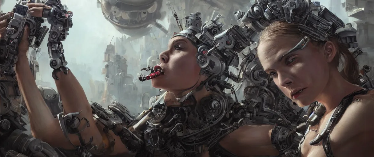 Image similar to tank girl, highly detailed, half human, half cyborg, power implants, full body transmogrify, low camera angle, point of view looking up from below, beautiful, mesmerising, look of desire, loving stare, battle action shot, digital painting, trending on artstation, concept art, 4 k, sharp focus, illustration, art by greg rutkowski