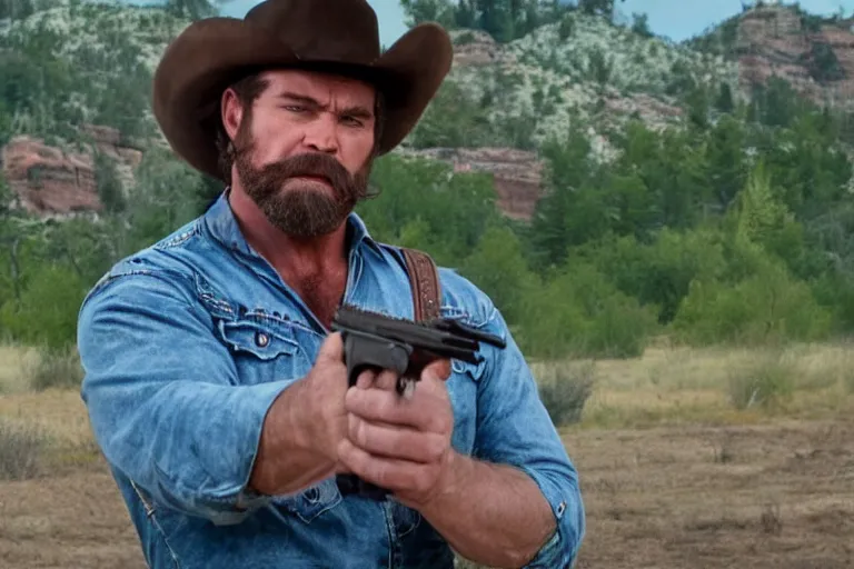 Prompt: film still of the main character brawny burly surly cowboy standing holding a pistol in the outdoor scene in an action movie posing for the camera 2 0 2 0, 4 k wild west