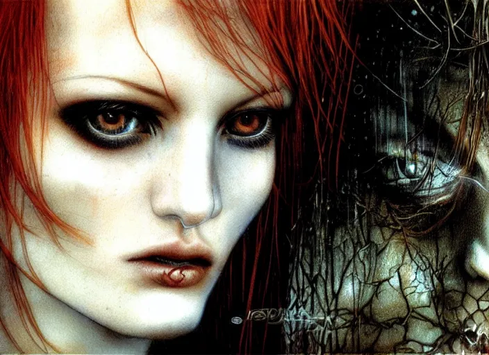 Image similar to award winning face close up portrait of a redhead in a park by luis royo and eyes by hr giger