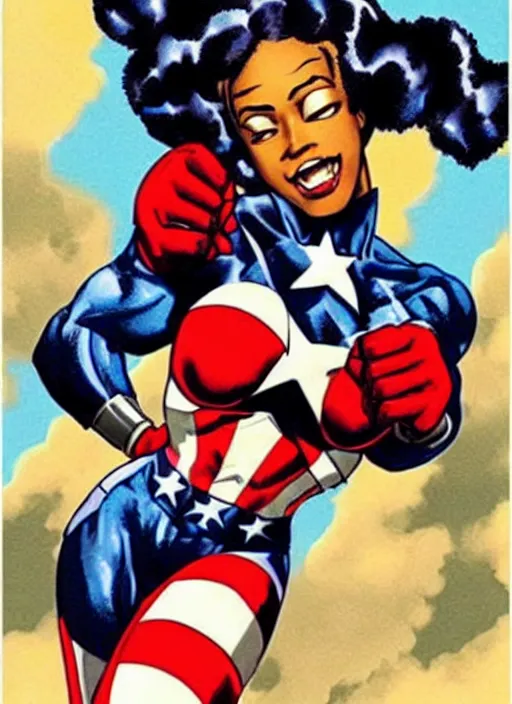 Image similar to beautiful black female captain america. afro - feminist captain america wins wwii. american wwii propaganda poster by carole feuerman, masamune shirow, rob liefeld and pixar. gorgeous face. pin up model. overwatch, realistic