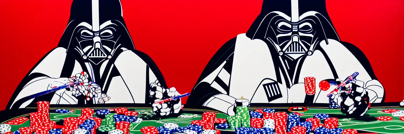 Image similar to hyperrealism composition of the detailed woman in a japanese kimono sitting at an extremely detailed poker table with darth vader and stormtrooper, fireworks on the background, pop - art style, jacky tsai style, andy warhol style, acrylic on canvas