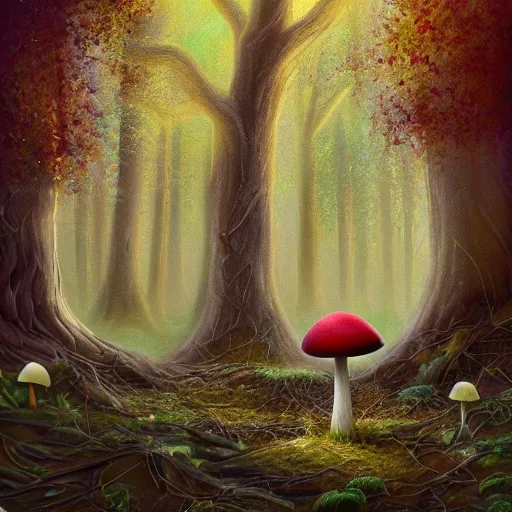 Prompt: A beautiful a picture of a single mushroom that grows on the ground with a forest with pines and birches, and a growing mycelium of the fungus is visible underground, Digital Art, Trending on artstation