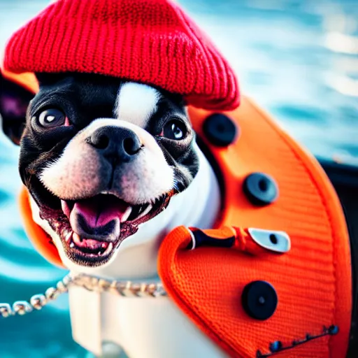 Image similar to a closeup photorealistic photograph of a cute smiling knitted boston terrier dog dressed in a life vest on a pontoon boat. professional capture, well lit shot. this 4 k hd image is trending on artstation, featured on behance, well - rendered, extra crisp, features intricate detail, epic composition and the style of unreal engine.