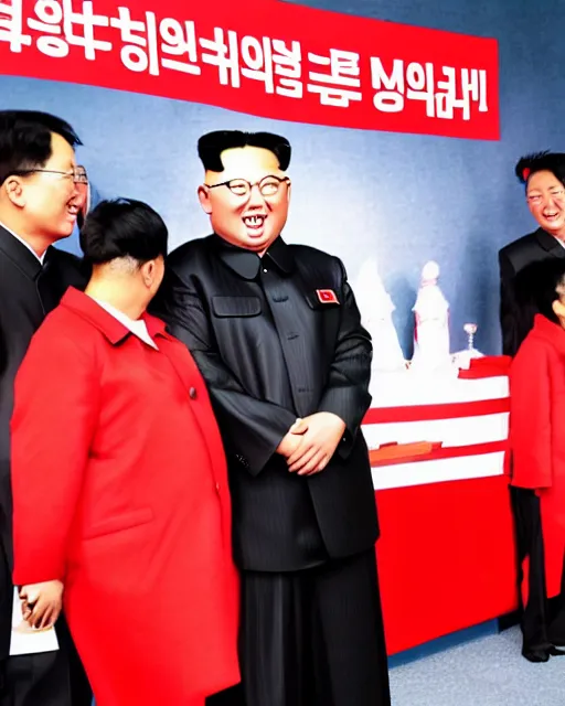 Image similar to phone photo of excited fans taking picture with Kim Jong-Un at a exclusive backstage meet and greet, realistic, 4k, 8k