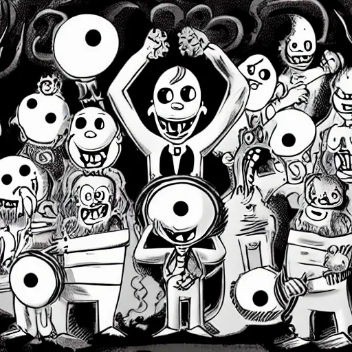 Image similar to repressed emotional monsters and creatures starting a fiery revolution in the psyche, in the style of vintage black and white Fleischer cartoons