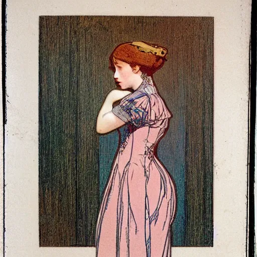 Prompt: a lonely girl in an empty room, colored daguerreotype, by mucha, by Mackintosh, bright pastel colors,