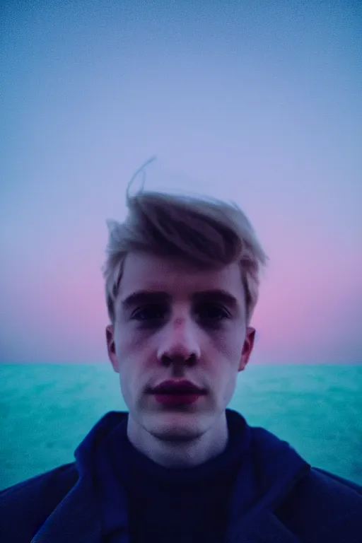 Image similar to high quality pastel coloured film mid angle selfie photograph of a young beautiful man standing in an icelandic black rock environment. atmospheric. three point light. photographic. art directed. ( pastel colours ). volumetric light. stark. waves glitch. 8 k. filmic.