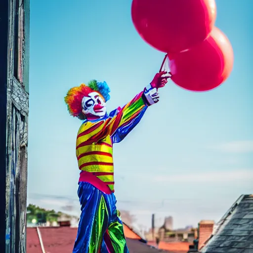 Image similar to photo of a clown on top of a house with a balloon in his left hand, taken with canon eos - 1 d x mark iii, bokeh, sunlight, studio 4 k