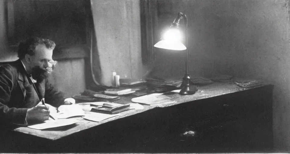 Prompt: august strindberg writing at a secretary desk in a small viennese apartment, night time, alone, lamplight, victorian era, depth of field