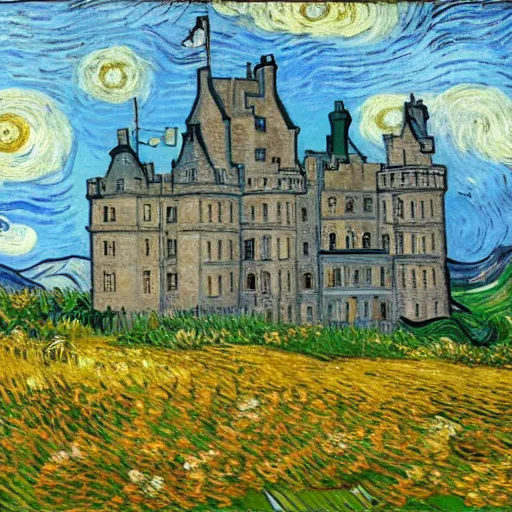 Image similar to a lovely scottish castle in a wide field, surrounded by flowers warm lighting in the style of Vincent Van gogh