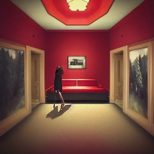 Prompt: “ woman in twin peaks red room, hyperdetailed, realistic lighting aesthetic, surreal vibes ”