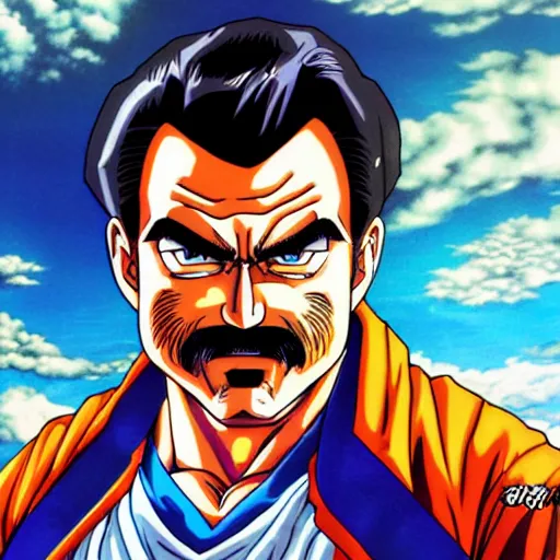 Image similar to portrait painting of tom selleck, art by akira toriyama, 4 k, dragon ball artstyle, cel shaded, highly detailed, epic lighting