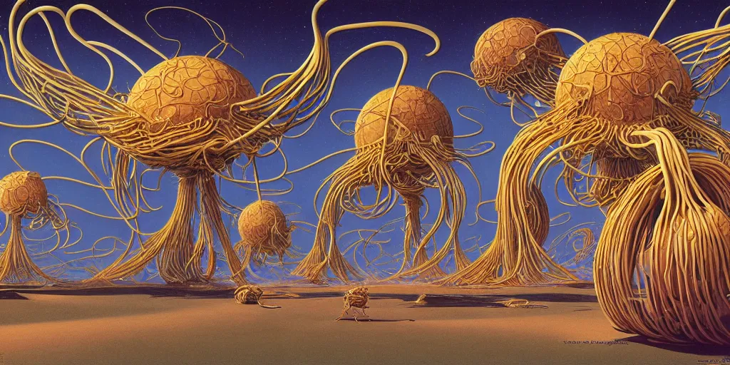 Prompt: the flying spaghetti monster with eyes on antennae flying in the space by roger dean, by masamune shirow, by wayne barlowe, futuristic, portrait, 4 k, wide eyes, hyper detailed, hyperrealism, psychedelic